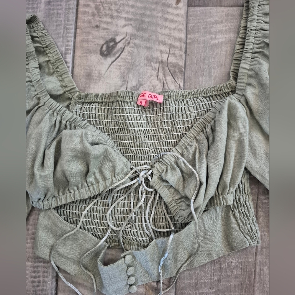Verge Girl Crop Top Cutouts Balloon Sleeves Sage Green Smocked EUR 8-US 4/S - Picture 5 of 5